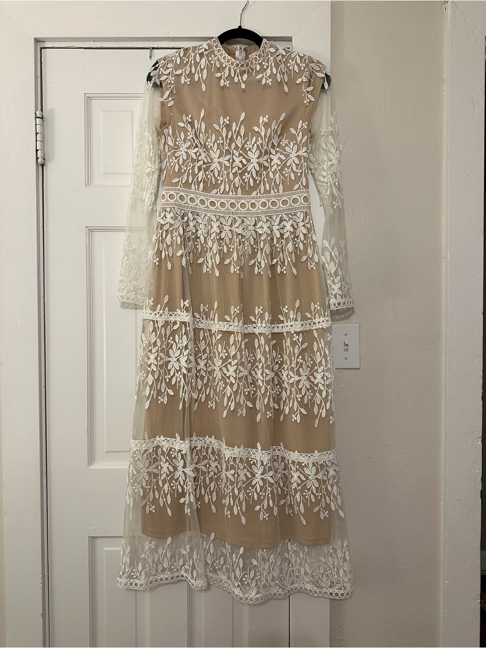 bohme Nude long sleeve Dress with White Floral Overlay - Small